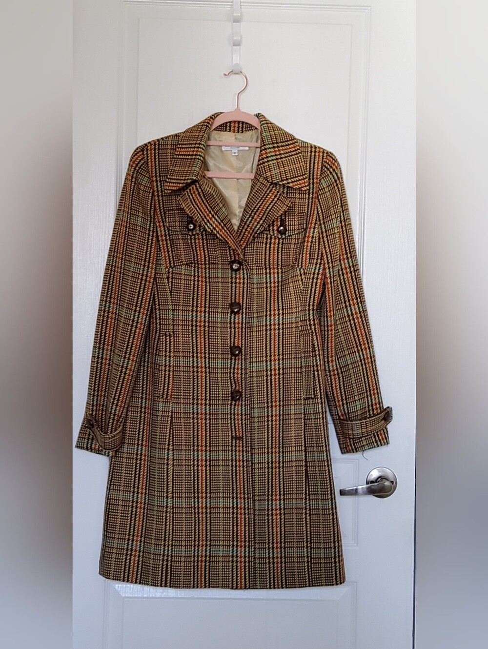 Retro Plaid Wool‑Blend Coat – Size 8 – Like New